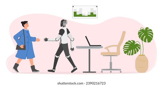 Girl and robot hold out their hands to each other to greet. Interaction. People. Cooperation, joint work. Artificial intelligence Collaboration Friendship Teamwork Vector illustration