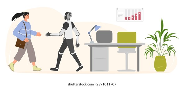 Girl and robot hold out their hands to each other to greet. Interaction. People. Cooperation, joint work. Artificial intelligence Collaboration Friendship Teamwork Vector illustration