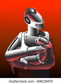 Girl Robot holding robot ermine. A parody of the ancient painting "Girl with an Ermine."
Symbol of progress and science in cartoon style.