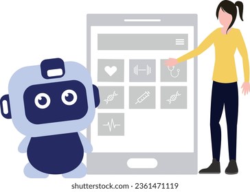 Girl and robot making health schedule on mobile.
