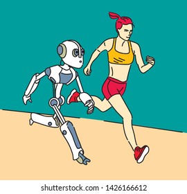 Girl and robot are running, vector illustration
