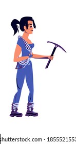 Girl rock climber in sports equipment with a pickaxe in hands, cartoon vector illustration isolated on a white background