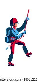 Girl rock climber in sports equipment with a backpack behind her back climbs up, cartoon vector illustration isolated on a white background