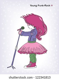 Girl- rock musician, she holds a microphone. vector illustration.