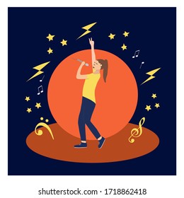 Girl rock star sings song on music festival cartoon character. Showgirl sing song on stage, show, concert. Flat vector illustration, isolated objects.