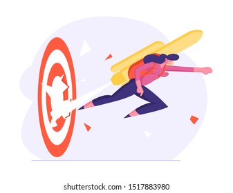 Girl with Rocket on Back Reach New Level of Development and Career Boost. Happy Business Woman with Jetpack on Back Punch Through Huge Target to Goal Achievement. Cartoon Flat Vector Illustration