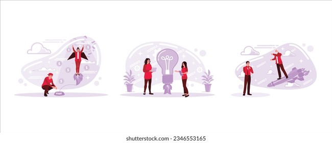 Girl with Rocket on Back Reaches New Level of Development; a businesswoman is flying a light bulb, and a retired man is standing on the rocket. Set Trend Modern vector flat illustration