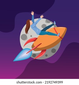 Girl with rocket over the planet space, Gradient flat rocket traveling through the galaxy, boost.