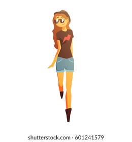 Girl In Rock-n-roll T-shirt, Shades, Jean Skirt And Boots, Young Person Street Fashion Look With Mass Market Clothes