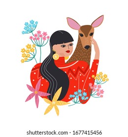 Girl with roe deer vector illustration. Female loves and protects animals with flowers on background. Caring about ecology and fauna. Wildlife protection and rescue concept. 