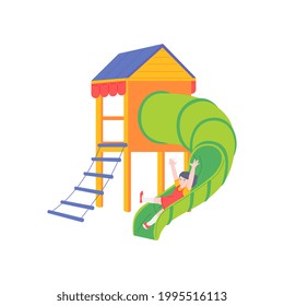 A girl roll down the slide tube of colorful playground. Children summer outdoor games in kindergarten, park, yard of school or home. Flat cartoon vector isolated illustration