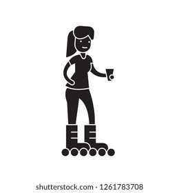 Girl roller skating black vector concept icon. Girl roller skating flat illustration, sign