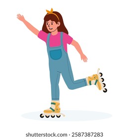 Girl roller skating in cheerful outfit on smooth surface during sunny day