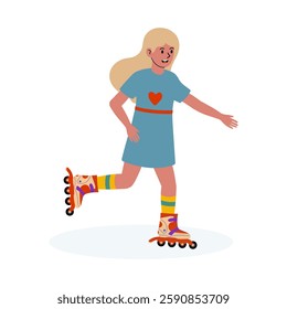 Girl roller skating in colorful outfit on a bright and cheerful background