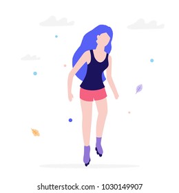 Girl roller skating flat illustration isolated on a white background. Young woman rollerblading in a park keeping healthy lifestyle.
