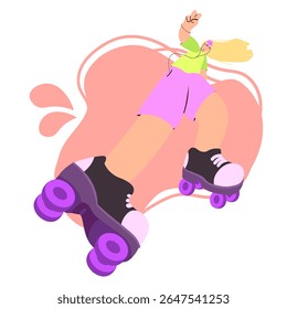 Girl roller skating forward showing peace sign with one hand wearing green top purple shorts in flat cartoon style