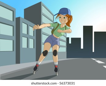 girl roller skating on the morning empty city