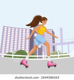 Girl roller skating outdoors in city, active lifestyle, summer sport, urban fitness, modern vector illustration