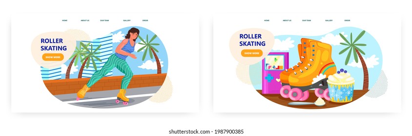 Girl roller skating in park, landing page design, website banner vector template set. Summer sport outdoor activities.