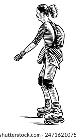 Girl roller skating, realistic hand drawing isolated on white, vector illustration