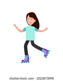 Girl roller skating vector illustration isolated on white background. Child skates on rollers, spending time outdoors on workout, healthy lifestyle concept