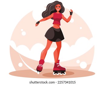 Girl is roller skating. Woman on roller skates exercising. Vector graphics