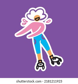 The girl is rollerblading. Active sport. Front view, roller skates. Urban, white stroke, vector illustration, sticker, doodle, cartoon style. 