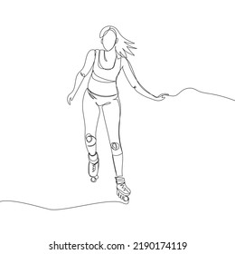 Girl rollerblading one line art. Continuous line drawing sports, training, sport, leisure, teenager, rollers, skating, tricks, street culture, subculture, urban, extreme, youth woman, stadium.