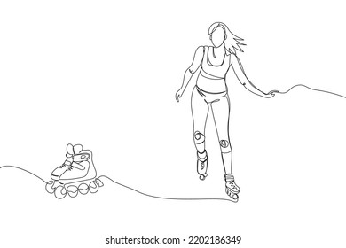 Girl rollerblading with rollers set one line art. Continuous line drawing sports, training, sport, leisure, teenager, skating, tricks, street culture, subculture, urban, extreme, youth woman, stadium.