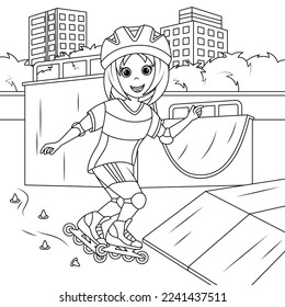 Patinaje de chicas en el patinaje. Libro de Colores para niños. Ilustración del vector