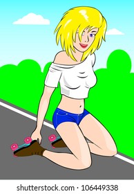 Girl with roller-skates on road