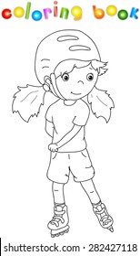 Girl roller-skating in helmet. Coloring book for children