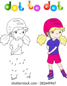 Girl roller-skating in helmet. Dot to dot game for children