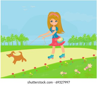 Girl rollerskating walking the dog in the park