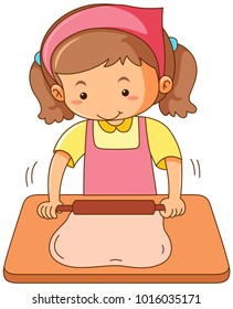 Girl rolling flour dough on wooden board illustration