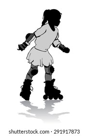 The girl rolls on roller skates on a walk.