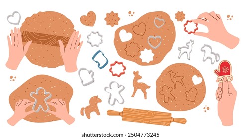 Girl rolls out cookie dough. Making Christmas gingerbread cookies on isolated background. Top view. Homemade bakery preparing with dough.  Cooking school. Vector illustration in flat style.