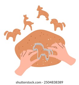Girl rolls out cookie dough. Making Christmas gingerbread cookies on isolated background. Top view. Homemade bakery preparing with dough. Cooking school. Vector illustration in flat style.