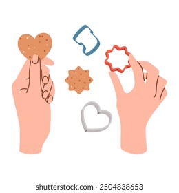 Girl rolls out cookie dough. Making Christmas gingerbread cookies on isolated background. Top view. Homemade bakery preparing with dough. Cooking school. Vector illustration in flat style.