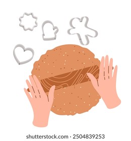 Girl rolls out cookie dough. Making Christmas gingerbread cookies on isolated background. Top view. Homemade bakery preparing with dough. Cooking school. Vector illustration in flat style.