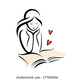 girl and romantic book, isolated vector sketch