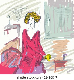 Girl in the room with cup of tea