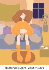Girl in a room drinking hot cocoa. Colorful ilustration.