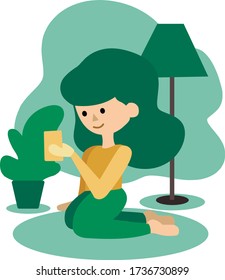 The girl in the room. Flat style. Vector. Stay at home.