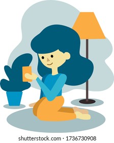 The girl in the room. Flat style. Vector. Stay at home.