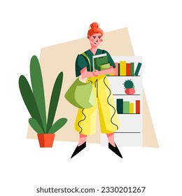 Girl in the room holds books in her hands. Learning concept. Vector illustration
