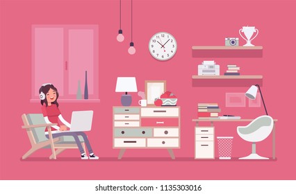 Girl room interior design. Female modern apartment project, teenage private space with furniture and traditional pink decoration to enjoy comfortable living. Vector flat style cartoon illustration