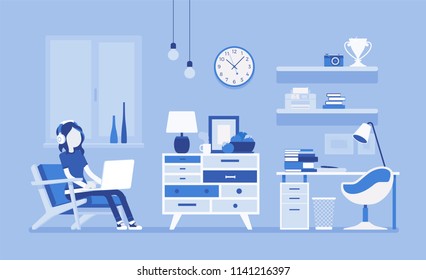 Girl room interior design. Female modern apartment project, teenage private space with furniture and traditional lady decoration to enjoy comfortable living. Vector illustration, faceless characters