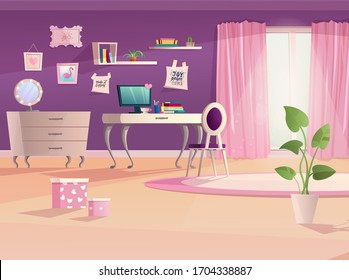 Girl room interior in pink and violet colors. Vector cartoon teenager room classic style, with work space, window, armchair, plant spot and pictures on wall.
