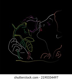 Girl and rose flower neon line art abstract vector illustration.